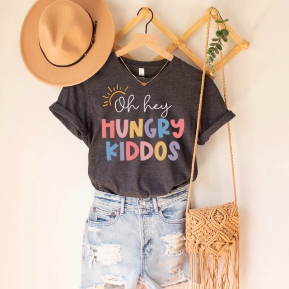 Women's Graphic Tee "Oh Hey Hungry Kiddos" Lunch Lady, Teacher - Dark Gray - Picture 1 of 5